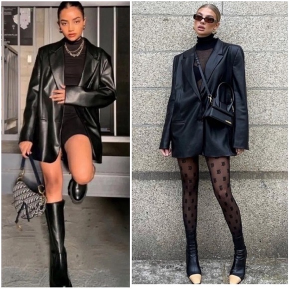 Zara Blogger Favorite Black Faux Leather Blazer Button Front Jacket Size XL NWT - Picture 5 of 16